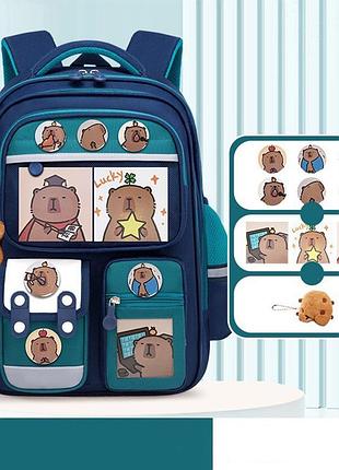 Шкільний рюкзак з принтом капібара capybara з аксесуарами синій