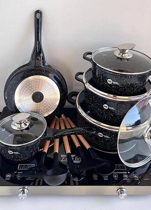Набор посуды higher kitchen hk-305 17 предметов с крышками с гранитным покрытием | кастрюли | ковш | сковорода