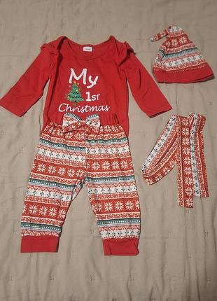 Новорічний святковий комплект для дівчинки "my 1st christmas" (боді, штанці, шапочка, пов'язка), 3-6 міс