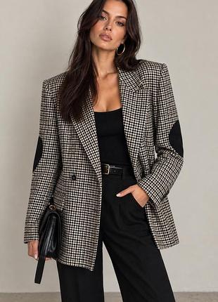 Жіночий піджак zara wool blend blazer with elbow patches у клітинку