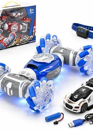 Машинка на радіокеруванні torsion gesture control з пультом і браслетом, світло та звук, синьо-біла