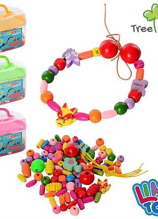 Деревянная шнуровка tree toys в чемоданчике – набор бусин для творчества, развитие моторики, цветные бусины.