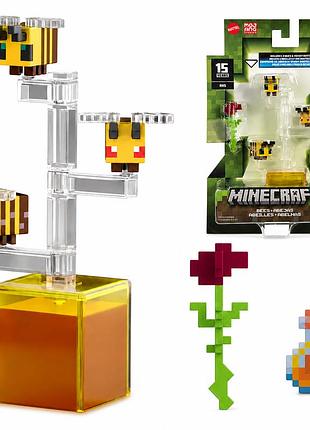 Фігурки minecraft бджоли mattel до 15-річчя гри з підставкою та аксесуарами 4.6" (11.7 см)
