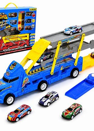 Іграшковий трейлер із машинками "super trucks" 35 см, автоперевізник, 6 машинок у комплекті.