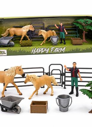 Ігровий набір ферма happy farm з 2 кіньми, фігуркою, возиком і парканом, 3+