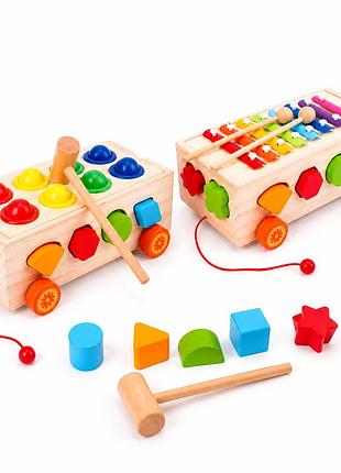 Деревянная каталка-сортер tree toys с молоточком и фигурками, ксилофон, 23,5 см