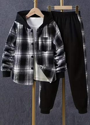 Спортивный модный оверсайз oversize черный с белым костюм демисезонный shein для мальчика 11-12 лет спортивные штаны рубашка в клетку черная с белым
