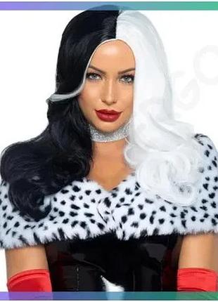 Парик чорно-білий leg avenue cruella 64 см для костюма круели де віль на хелловін перука sku_tanga_vendorcode_для повнолітніх