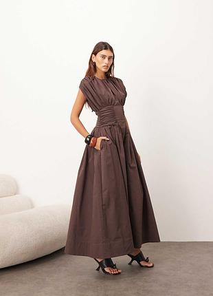 Arrange gathered cinched full skirt maxi dress in chocolate