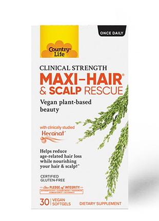 Натуральная добавка country life maxi-hair and scalp rescue, 30 капсул
