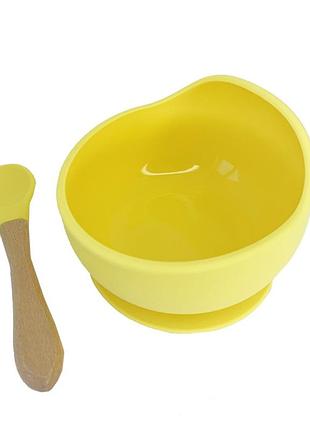 Силиконовая тарелка на присоске с деревянной ложкой mgz-0103(yellow) 300 мл