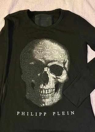 Лонгслів жіночий philipp plein чорний з принтом черепа та чорними стразами