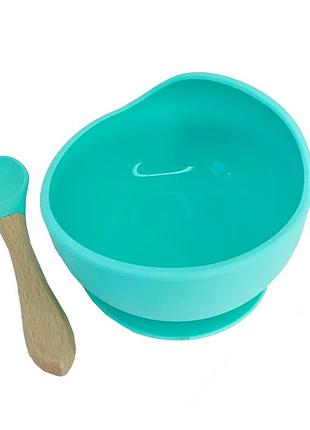 Силиконовая тарелка на присоске с деревянной ложкой mgz-0103(turquoise) 300 мл