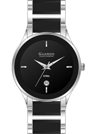 Жіночий годинник guardo luxury collection s03001-1 сталевий корпус браслет сталь і кераміка чорний циферблат з датою