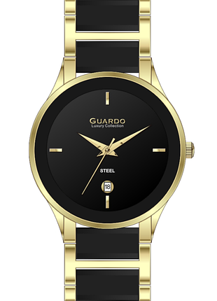 Жіночий годинник guardo luxury collection s03001-2 золотистий корпус браслет сталь і кераміка чорний циферблат з датою