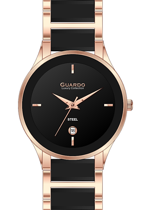 Жіночий годинник guardo luxury collection s03001-3 корпус рожеве золото браслет сталь і кераміка чорний циферблат з датою