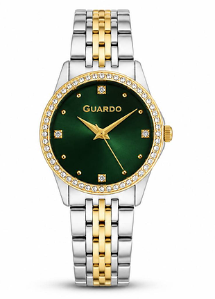 Жіночий годинник guardo premium 012789-4 двоколірний корпус з кристалами сталевий браслет смарагдовий циферблат