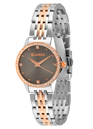 Женские часы guardo premium 012789-8 двухцветный корпус с кристаллами стальной браслет тёмно-коричневый циферблат