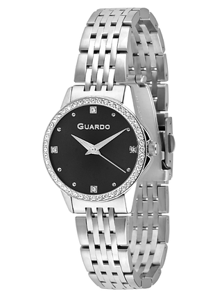 Женские часы guardo premium 012789-5 серебристый корпус с кристаллами стальной браслет чёрный циферблат