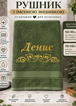 Іменний махровий рушник денис з вишивкою, 100% бавовна, зелений, 50×90 / 70×140 см