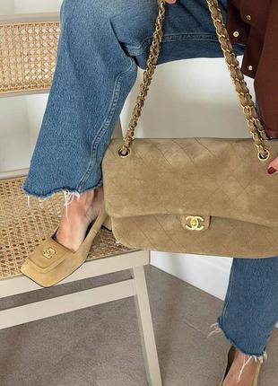 Туфли chanel замша беж средний каблуках квадратный носок