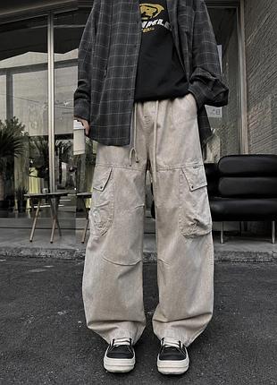 Широкие джинсы карго amxk для мальчика подростка baggy летние 12-17 лет, песочный 158