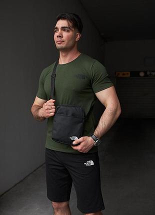 Комплект мужской tnf: футболка хаки + шорты черные + борсетка черная