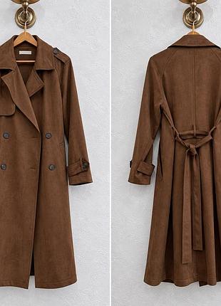 Пальто жіноче stradivarius тренч з еко замші, коричневе