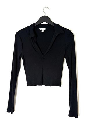 Чорний лонгслив з коміром в рубчик h&m