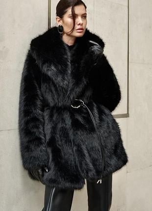 Чорна шуба zara з ремінцем 🖤