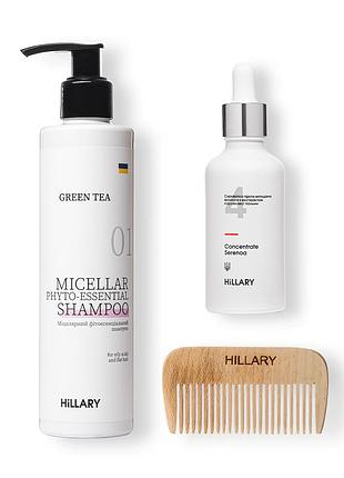 Hillary сыворотка для волос concentrate serenoa + шампунь для жирного типа волос green tea phyto-essential и гребень