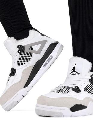 Кроссовки теплые nike air jordan 4 retro white grey black ❄️ хутро