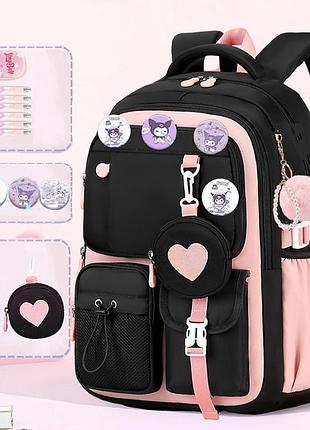 Рюкзак школьный moonbaby fashion с кошельком сердечко и аксессуарами черный, розовый