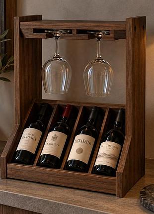Настольная винная полка vinum wood из натурального дерева на 4 бутылки и 2 бокала