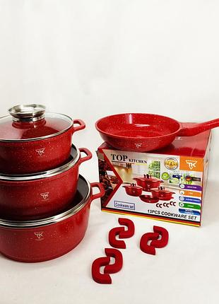 Набір посуду top kitchen tk00076 з мармуровим покриттям 7 предметів 1 сковорода 3 каструлі з кришками