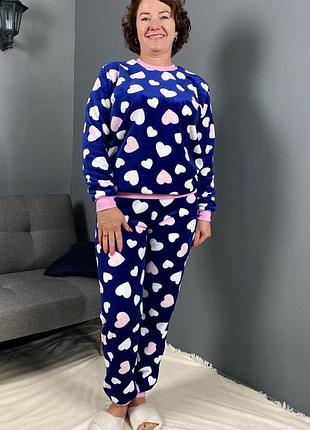 Піжама жіноча махрова тепла кофта з брюками тепла сердечка 40-56 г 48-50