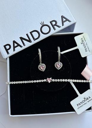 Набір pandora «сяюче рожеве серце» 925 проба з фіанітами — сережки та браслет, подарунковий комплект