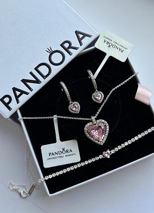Набір прикрас pandora 925 проби серце з рожевим каменем — кольє, сережки, браслет, подарункова коробка