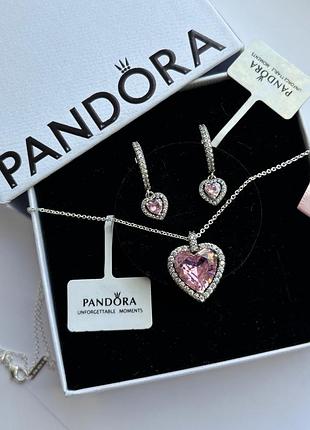 Набір прикрас pandora «сяюче рожеве серце» 925 проба — сережки та кулон з ланцюжком