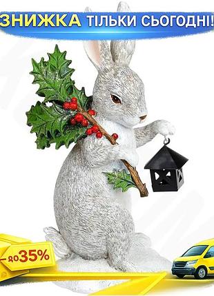 Ku статуэтка зайца с universal fit фонарем animal world полистоун винтажный белый с красным для декора uni2l_k