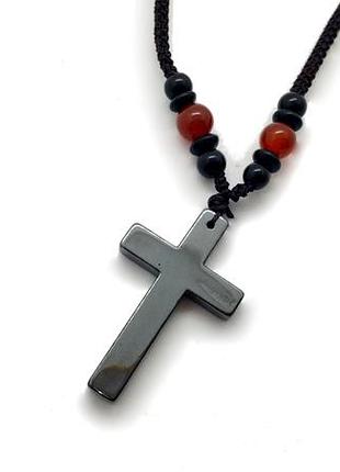 🖤➕чоловічий кулон на шнурку хрест натуральний гематит, агат і сердолік