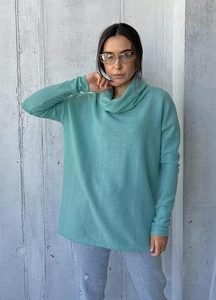 Довгий вільний светр туніка з трикотажу джерсі із коміром хомут innoe 230222-3, р. 56/58 бірюзовий