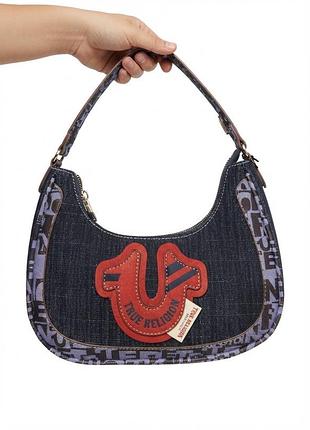 Сумка жіноча true religion y2k денім синя з червоною вишивкою