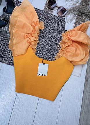 Нова в’язана блуза zara s m коротка блуза з об’ємними шифоновими рукавами ліхтариками облягаюча блуза