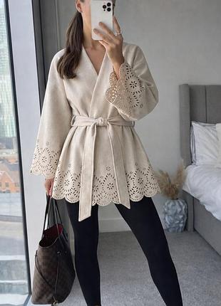 Пальто жіноче zara кардиган пальто  з перфорацією, бежеве, xs/s