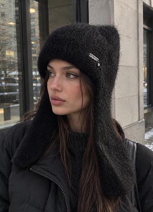 Шапка вушанка жіноча український бренд вушанка чорна ангора 60% ушанка