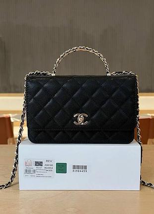 Сумка chanel черная с ручкой кожа икра маленькая