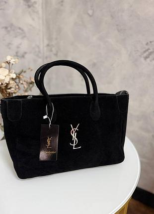 Черная замшевая сумка-тоут ysl, сумка ив сен лоран, сумка yves saint laurent, шоппер