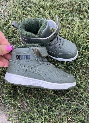 Кросівки для хлопчиків puma, хакі, розмір 23, довжина устілки 15 см, зима