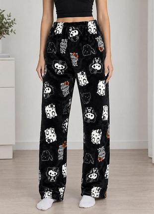 Брюки плюшевые пижамные черного цвета hello kitty helloween, теплые домашние штаны хеллоу котти хелловин